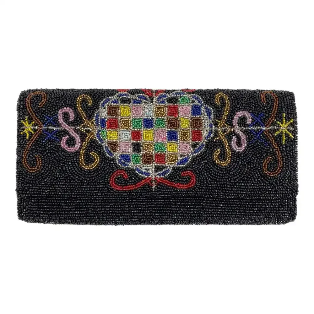 Black and Multicolor Beaded Heart Clutch | Stylish Accessory for Women